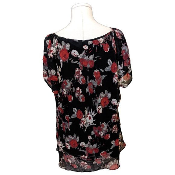 Alfred Sung Black Red Floral Whimsygoth Blouse Sheer Layered Office Summer XXL - Picture 6 of 8